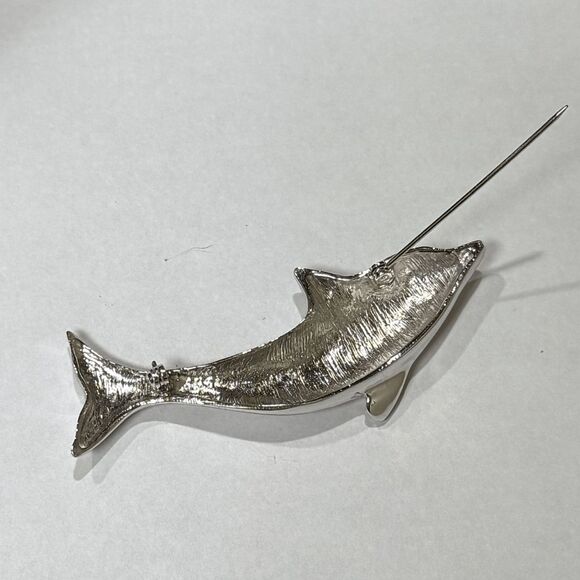 Silver-Tone Dolphin 3" Brooch Chrome Finish Metal Pin Jewelry Rhinestone Eye - Picture 3 of 3